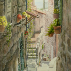 "Italienische Gasse", Mischtechnik, mediterranes Ambiente auf Leinwand, 190 x 120 cm