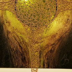 "Zentriert grün", Bitumen-Mischtechnik auf Leinwand, Ausschnitt, glänzender Hintergrund, 80 x 60 x 4 cm