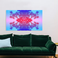 Buntes abstraktes Wandbild über grünem Sofa, moderne Kunst für Unternehmen und Hotel Lounge