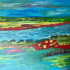 Abstrakte Landschaft, 100 x 100 cm, Acrylfarben auf Keilrahmen, datiert und signiert 2023