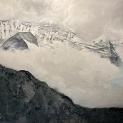 Berglandschaft im Nebel, 60 x 80 cm, Acrylfarben auf Keilrahmen, signiert und datiert 2020