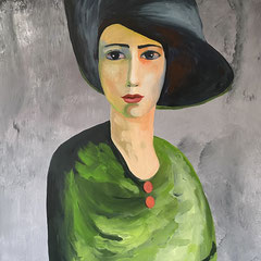 Frau in grünem Kleid - nach Kees van Dongen, 60 x 80 cm, Acrylfarben auf Keilrahmen, signiert und datiert 2022
