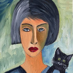 Junge Frau mit Katze, 30 x 40 cm, Ölfarben auf Malkarton, 2023