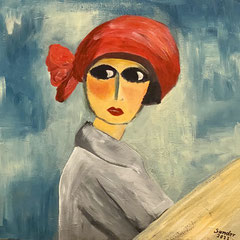 Mädchen mit rotem Hut -1  - nach Kees van Dongen, 40 x 40 cm, Acrylfarben auf Keilrahmen, signiert und datiert 2022