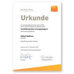 Urkunde "Ausbildung des Innungssiegers" für Möbel Meßmer