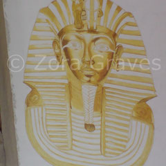Tutanchamuns Totenmaske, 2x3 m. Abtönfarbe auf Nesselstoff