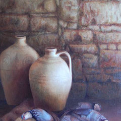 Cántaros y perdices, Oil on canvas mounted on panel, 23 x 35 inches.
