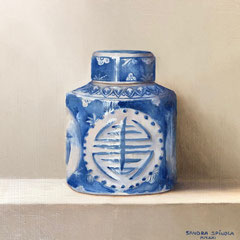 Azul y Blanco Tarro, Oil on panel, 6 x 6 inches.