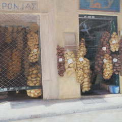 Esponjas, Oil on canvas mounted on panel, 35 x 27 inches.
