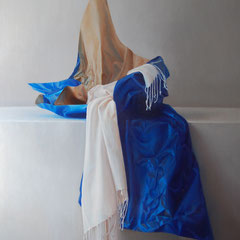 Papel en Azul, Oil on canvas mounted on panel, 48 x 33 inches.