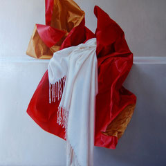 Papel en Rojo y Amarillo, Oil on canvas mounted on panel, 48 x 33 inches.