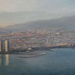 Barcelona, Oil on canvas mounted on panel, 23 x 35 inches.