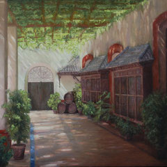 El patio de la Bodega, Oil on canvas mounted on panel, 23 x 35 inches.