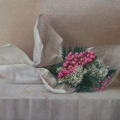 Flores envueltas en papel, Oil on canvas mounted on panel, 24 x 35 inches.