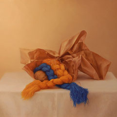 Papel y lanas, Oil on canvas mounted on panel, 24 x 31 inches.