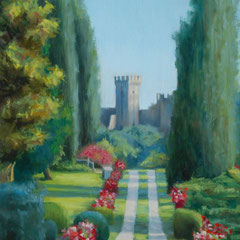 Paseando por Francia, Oil on canvas mounted on panel, 9 x 17 inches. 