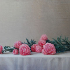 Peonias, Oil on canvas mounted on panel, 39 x 20 inches.