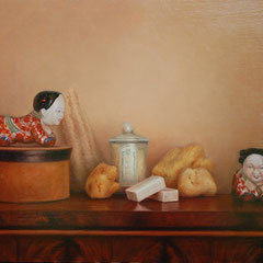 Chinitas con esponjas, Oil on canvas mounted on panel, 19 x 27 inches.
