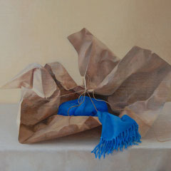Papelote y bufanda, Oil on canvas mounted on panel, 39 x 19 inches.