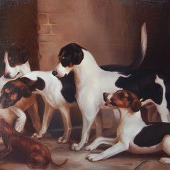 Foxhounds, Oil on canvas mounted on panel, 24 x 35 inches.