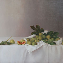 Recolectando Higos, Oil on canvas mounted on panel, 23 x 27 inches.