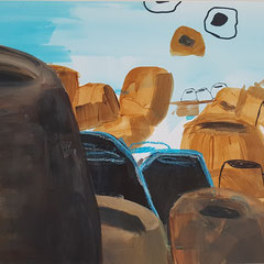 Plain of Jars II, 2024, Mixed Media auf Papier, 28 x 40 cm
