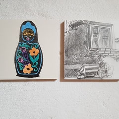 Two Faces IV, 2023, woodcut and drawing, each 15 x 15 cm