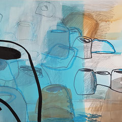 Plain of Jars III, 2024, Mixed Media auf Papier, 28 x 40 cm