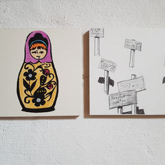 Two Faces V, 2023, woodcut and drawing, each 15 x 15 cm