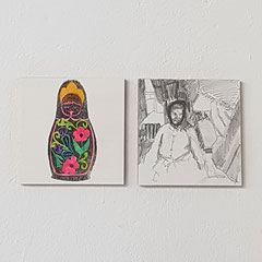 Two Faces II, 2022, woodcut and drawing, each 15 x 15 cm