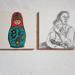 Two Faces III, 2023, woodcut and drawing , each 15 x 15 cm
