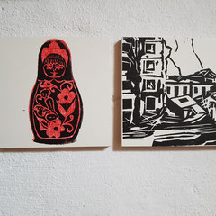 Two Faces IX, 2022/2023, woodcut, each 15 x 15 cm