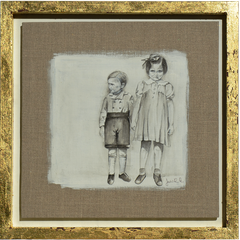 "Kinder 1939 " Acryl & Bleistift auf Leinen I Rahmen vergoldet 37 x 37 x 3 cm