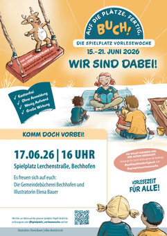 auf die plätze fertig buch - spielplatz vorlesewoche - illustratorin elena bauer liest mit der gemeindebücherei in bechhofen