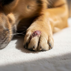 un coussinet blessé d'un chien marron, sûrement un abcès par coach canin 16 éducateur canin en charente