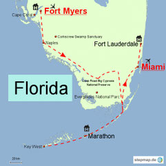 Karte mit der Reiseroute in Florida