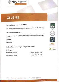 Salih Sara Personal Trainer-Lizenz mit Abschlussnote 1,0 bei Healthengineers Personal Training Köln