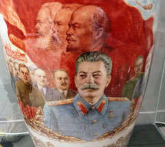 Large porcelain vase with portraits of Stalin, Lenin, Engels and Marx in Riga Porcelain Museum