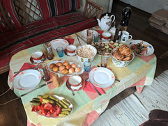 Table with Soviet-era delicacies and porcelain crockery