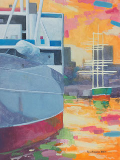 Blick von der Überseebrücke Museumsschiffe im Hamburger Hafen Cap Sandiego Rikmer Rikmers was ist Gouachemalerei Gouachefarbe Gouache auf Aquarellpapier 2023 Enno Franzius