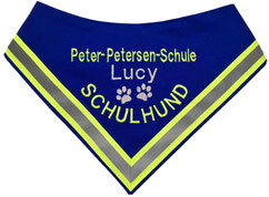 Hundehalstuch bestickt mit Schulhund, Name der Schule, 2 Pfoten und Name des Hundes, Handmade by Textilfashion.de