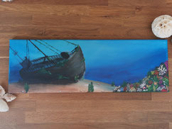 Schiffswrack, Schiff, Unterwasser, Unterwasserwelt, Korallenriff, Meer, Acryl, Acrylmalerei, Celina Paul, Kunst, Künstlerin, Künstler, Art, Leinwand, Canvas, Farbklecks