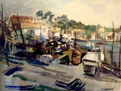 Michel Joussaume Gouache sur papier Village du Canon Galerie Bassam Bordeaux Cap Ferret