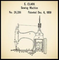 1859 patent illustration of the E. Clark Sewing Machine, No. 26,336, featuring a detailed mechanical design with a side-mounted handwheel and distinct architectural frame.