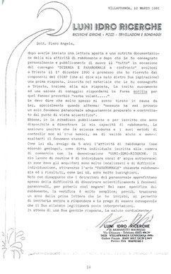 Lettera della Luni Idro Ricerche (Maurizio Armanetti) al Dott. Piero Angela, 12.03.1991