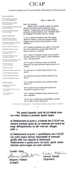Lettera del CICAP a Maurizio Armanetti, 06.04.1991