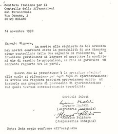 Lettera del CICAP a Maurizio Armanetti, 14 novembre 1990.