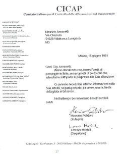 Lettera del CICAP a Maurizio Armanetti, 15.06.1991