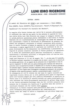 Lettera aperta della Luni Idro Ricerche (Maurizio Armanetti)ai membri del direttivo del CICAP, 15.06.1991