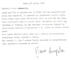 Lettera del Dott. Piero Angela a Maurizio Armanetti, 26.04.1991